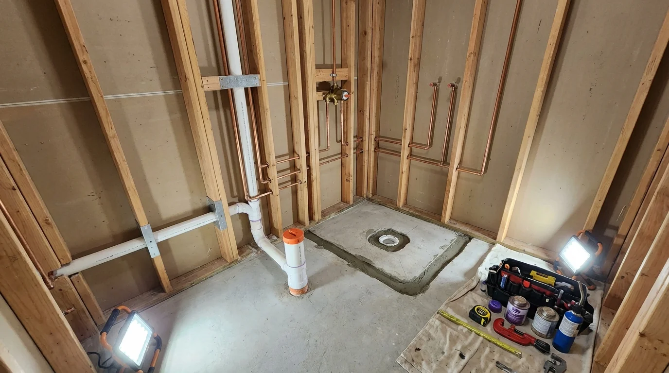Bathroom rough-in plumbing during remodel by Johns Plumbing LLC in Cherryfield