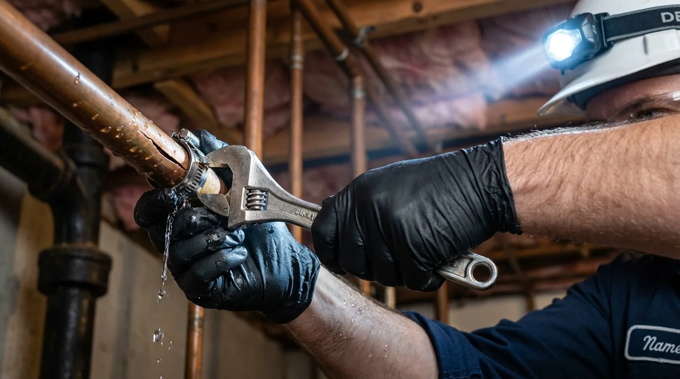 Emergency pipe clamp repair being performed by a Johns Plumbing LLC plumber in Cherryfield