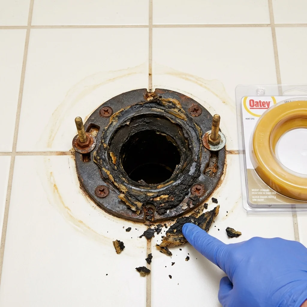 Failed wax ring showing water seepage at the base of a toilet in a Cherryfield, ME home