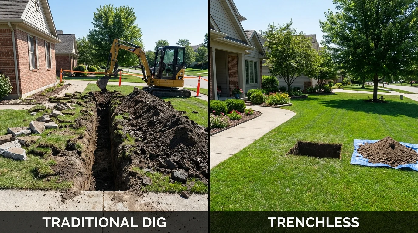 Trenchless sewer repair with minimal yard damage versus traditional excavation in Cherryfield, ME